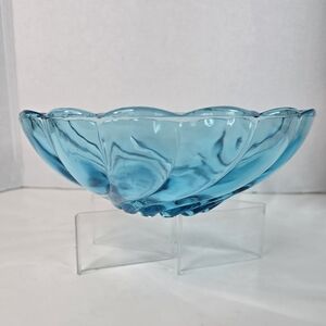 Sea blue clear glass swirl shell bowl 9"_